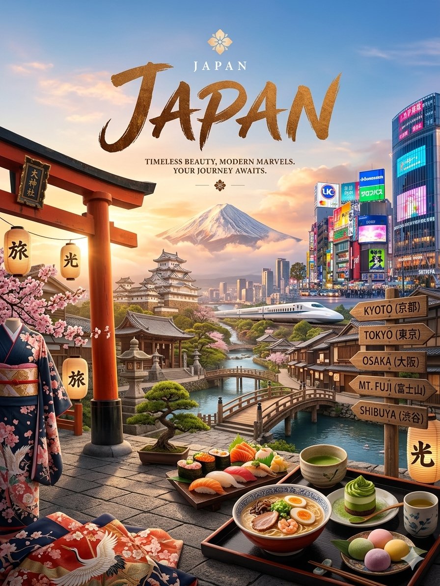 一幅层次丰富的全景式旅游海报，主题为黄金时刻的**日本**，将永恒的传统与未来主义的现代都市生活融为一体。温暖的夕阳光照，电影般的氛围，超精细的照片写实风格数…