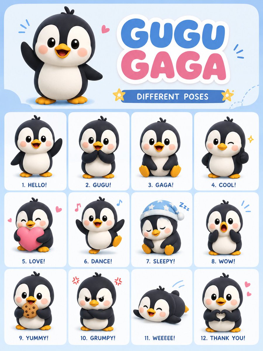图片由 ChatGPT 上的 GPT image 2 生成 提示词 创建一个名为"Gugu Gaga"的可爱病毒式卡通企鹅角色,采用柔和的 3D 萌系 Q 版风格。设计一个竖版…