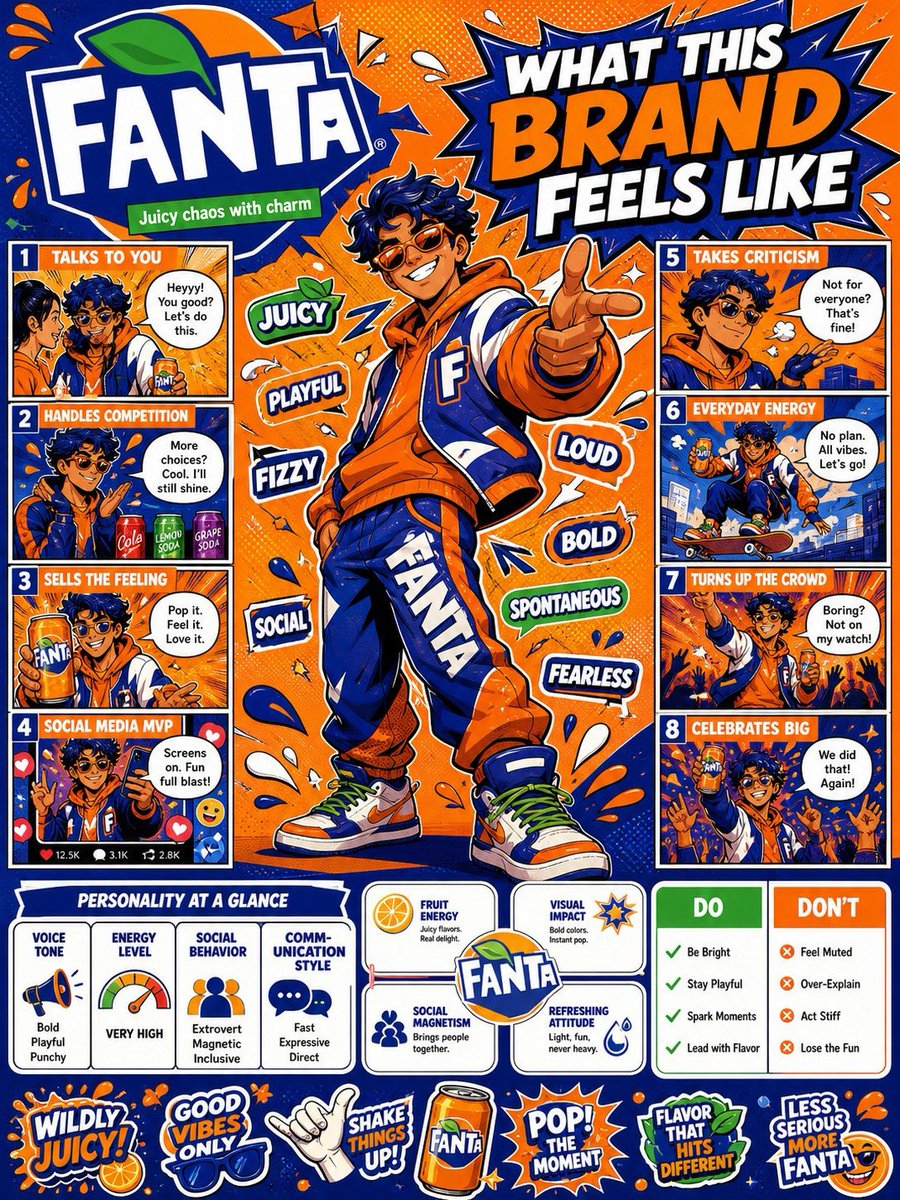 我在 ChatGPT Image 2 中创建并测试了一套品牌人格拆解（BRAND PERSONALITY BREAKDOWN）。它能把任何品牌转化为一个有真实动作、语气和场景的视…