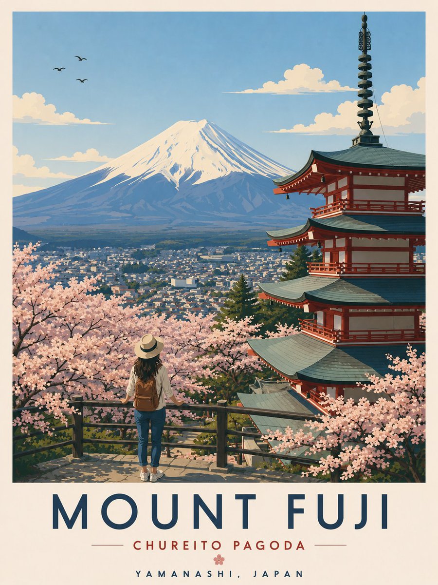 一幅极简主义、超高分辨率的复古旅行海报,描绘日本山梨县樱花季的富士山与忠灵塔(Chureito Pagoda)。画面构图:标志性的红色五层忠灵塔位于右侧,俯瞰着宁静的日本小镇;宏…