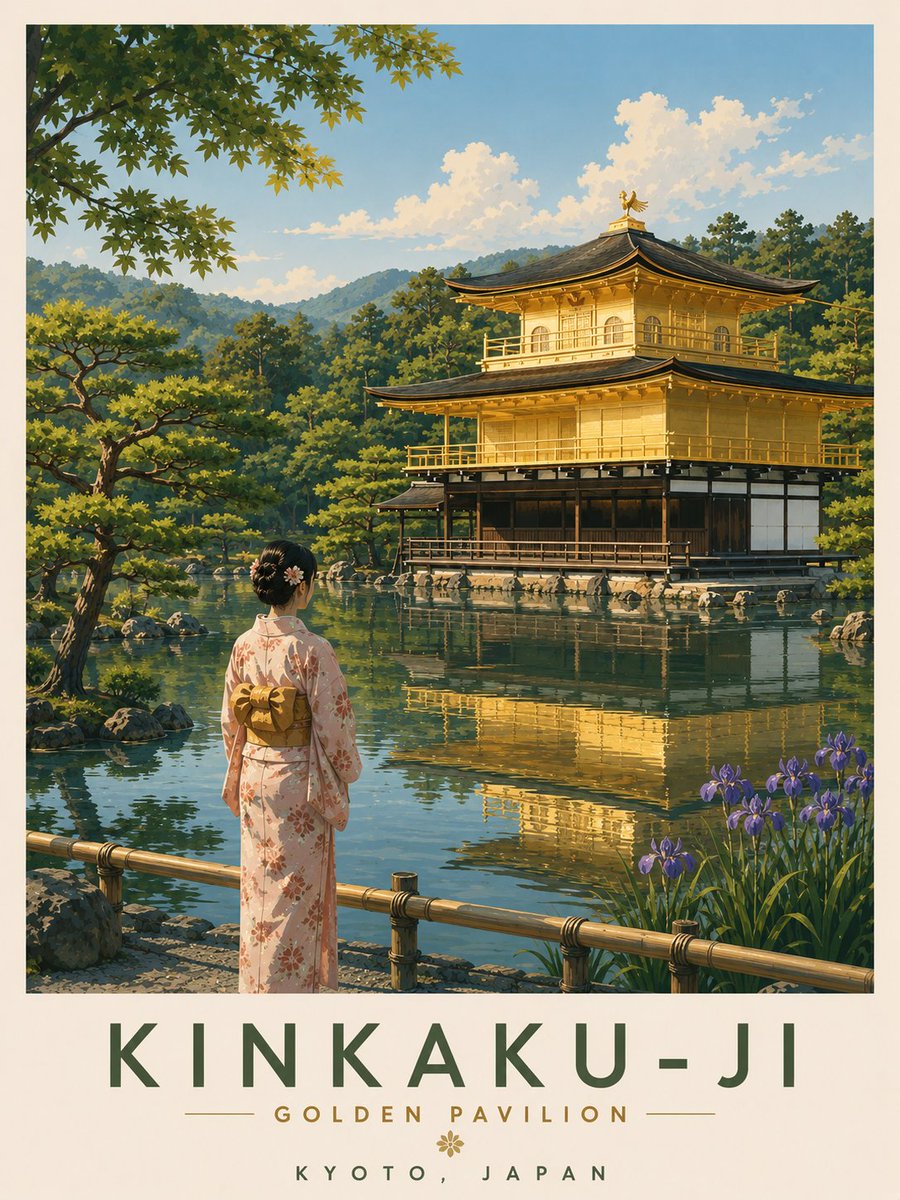 一幅极简主义、超高分辨率的复古旅行海报,描绘日本山梨县樱花季的富士山与忠灵塔(Chureito Pagoda)。画面构图:标志性的红色五层忠灵塔位于右侧,俯瞰着宁静的日本小镇;宏…