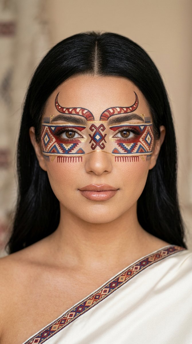 { "concept": "wearable_art_makeup_anatolian_kilim_motifs_turkish_series", "form…