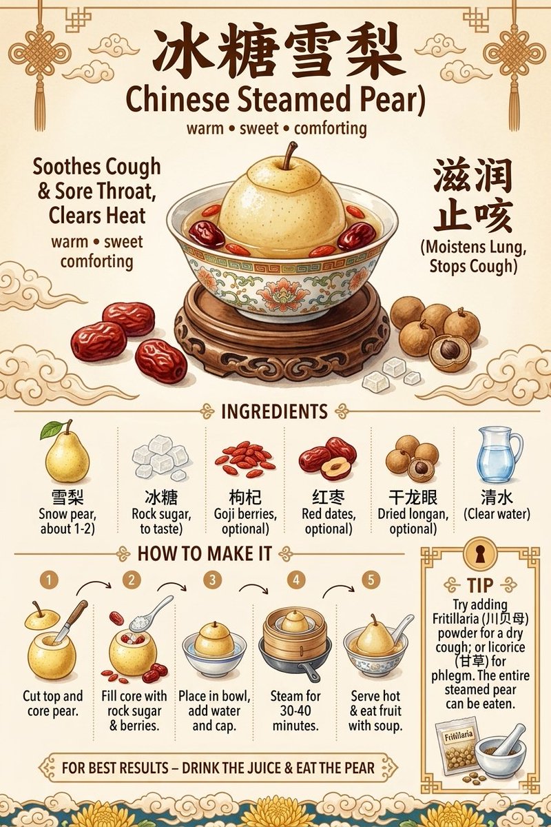 一份关于冰糖雪梨（Bingtang Xueli / 冰糖雪梨）的信息图式食谱海报，采用温暖、传统的中国艺术风格设计，配以优雅的云纹、中国结图案以及复古羊皮纸背…