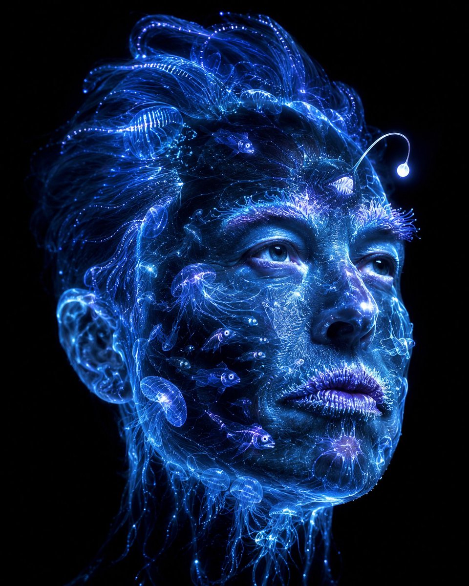 如果你由海洋最深处构成，会是什么样子？🌊🔦 给我一个🔁，我会给你展示更多→ 适用于ChatGPT Imagine 2.0或Gemini Nano 2.0的提示…