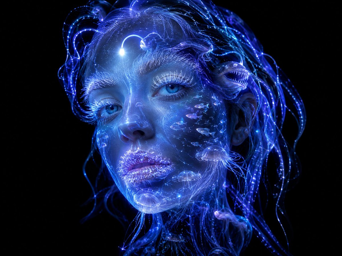如果你由海洋最深处构成，会是什么样子？🌊🔦 给我一个🔁，我会给你展示更多→ 适用于ChatGPT Imagine 2.0或Gemini Nano 2.0的提示词： 使用上传的图片…