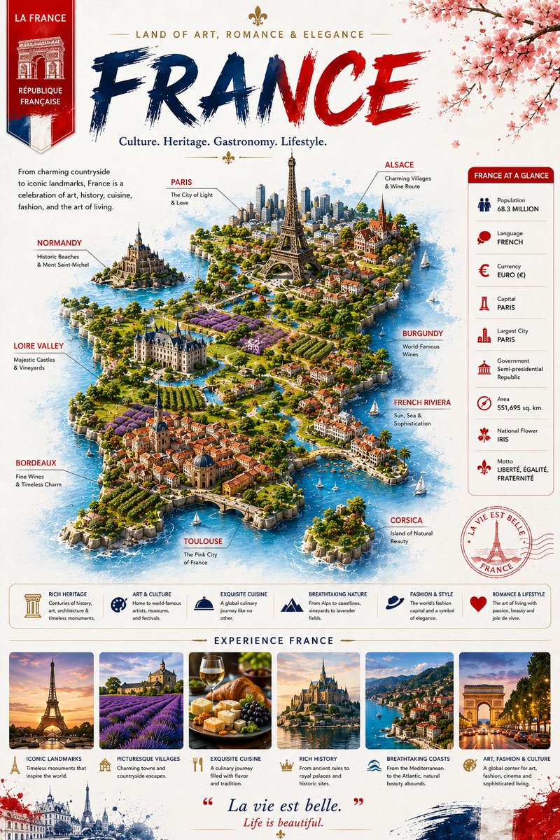 创作一张关于法国（FRANCE）的超高端编辑级旅行信息图表海报，采用简洁的竖版 3:4 比例。 风格： 奢华旅行编辑风与电影感微缩世界设计相融合。 融合元素： - 现代旅游海报…