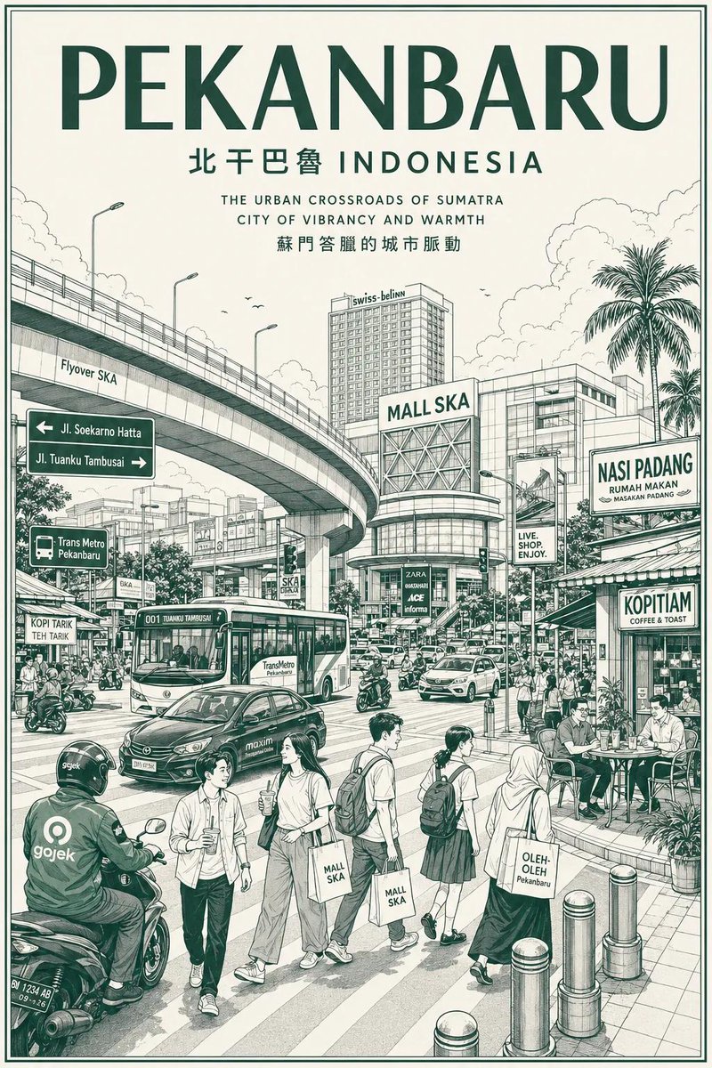 复古单色城市旅行海报插画,详细的都市素描美学,简洁的建筑线条艺术与柔和的水彩晕染相融合,现代东南亚城市氛围,极简的绿色与米色配色,优雅的旅行海报字体,顶部大字粗体城市名称,带亚洲…