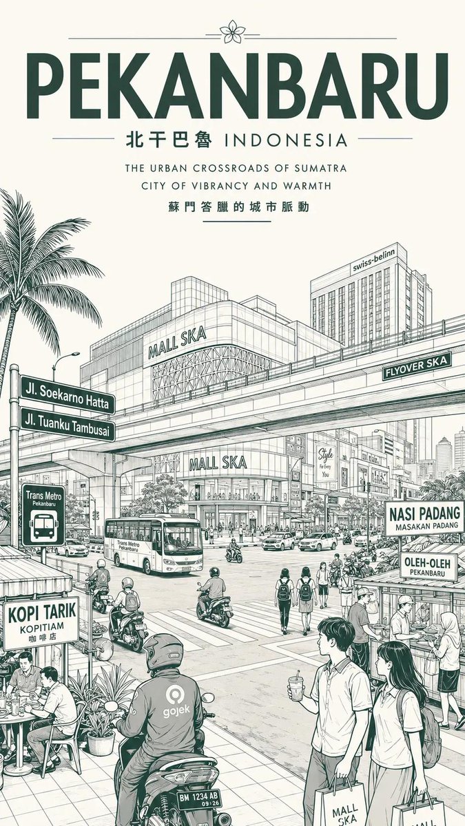 复古单色城市旅行海报插画,详细的都市素描美学,简洁的建筑线条艺术与柔和的水彩晕染相融合,现代东南亚城市氛围,极简的绿色与米色配色,优雅的旅行海报字体,顶部大字粗体城市名称,带亚洲…