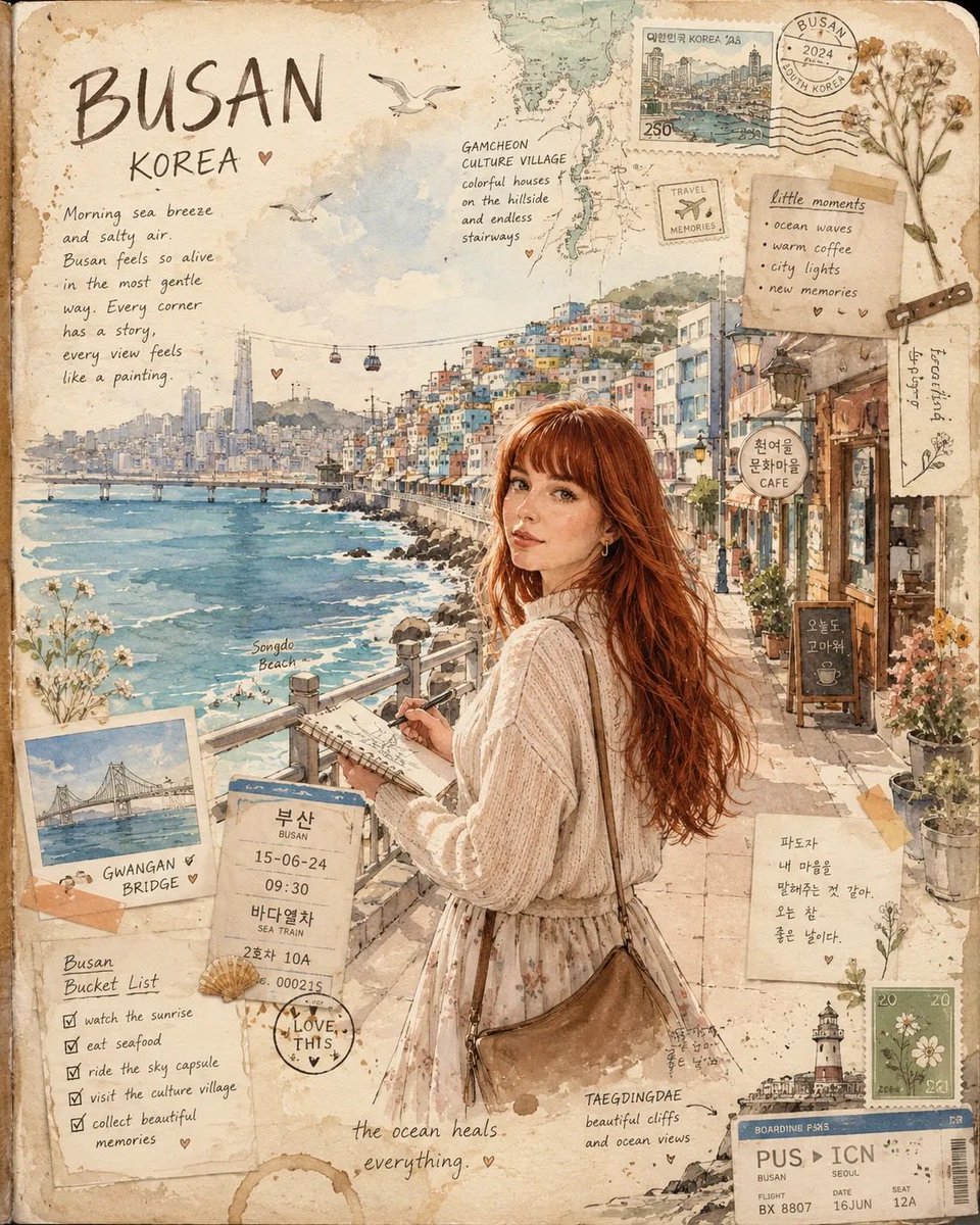 梦幻韩国釜山旅行日志插画,舒适复古剪贴簿美学,水彩与墨水艺术风格,红发女孩坐在海边咖啡馆在笔记本上书写,米色针织开衫,碎花连衣裙,电影感海景,悬崖上色彩斑斓的甘川文化村房屋,韩文…