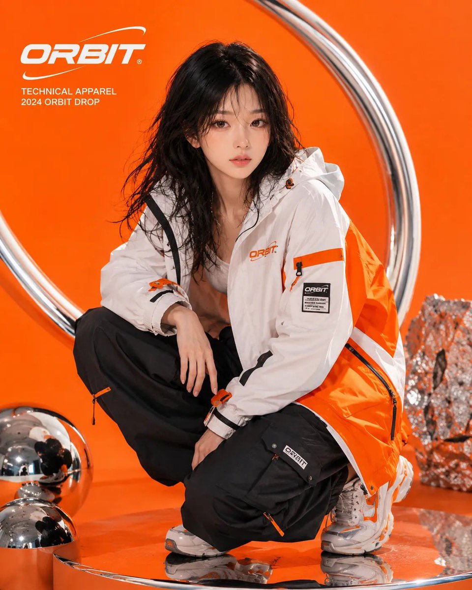 半写实动漫风格的上传图片中的年轻韩国女性，ORBIT 品牌广告大片，超大号核能橙与白色科技夹克，宽松黑色长裤，未来感运动鞋，鲜艳橙色无缝背景背景纸，铬银色道具，圆形轨道形状，锐利…