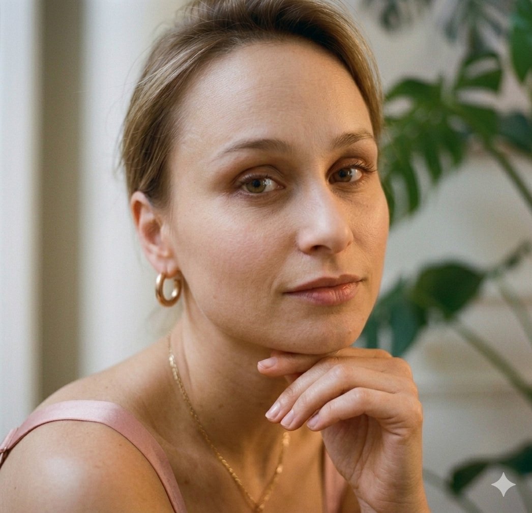 一位时髦的金发女郎面带温暖的笑容，在一间光线明亮的现代住宅中优雅地摆出姿势，屋内摆满了郁郁葱葱的绿色室内植物。她先是身穿粉色钩织上衣开怀大笑，随后画面过渡到她身穿丝质吊带裙，若有…
