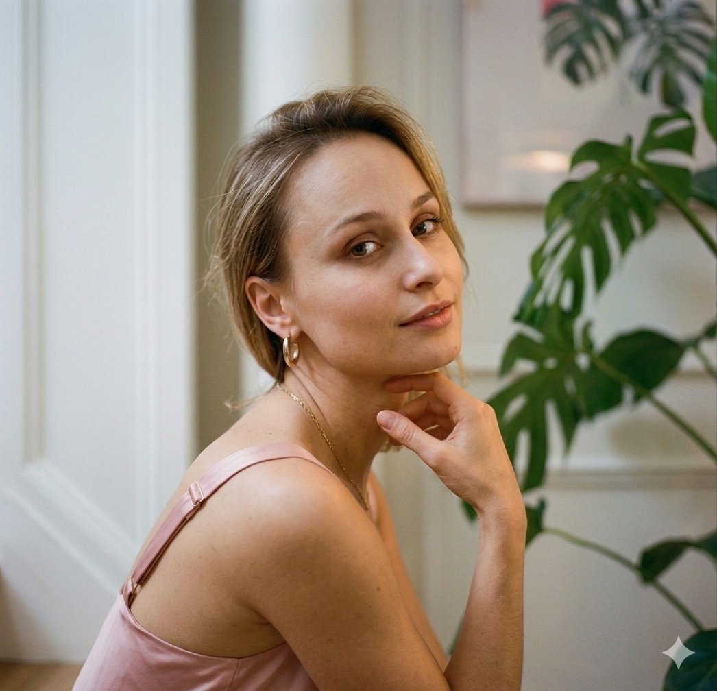 一位时髦的金发女郎面带温暖的笑容，在一间光线明亮的现代住宅中优雅地摆出姿势，屋内摆满了郁郁葱葱的绿色室内植物。她先是身穿粉色钩织上衣开怀大笑，随后画面过渡到她身穿丝质吊带裙，若有…