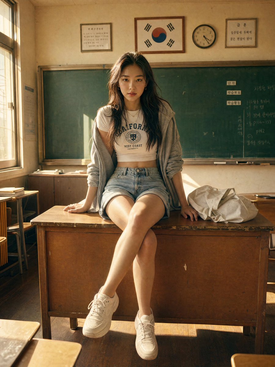 极致真实的肖像:一位美丽的韩国女子在下午晚些时候的黄金时段,自信地坐在木质课桌上,采用电影胶片摄影风格拍摄。 相机正前方略微仰拍。她优雅地坐在课桌上,面向镜头,双脚搭在课桌边缘…