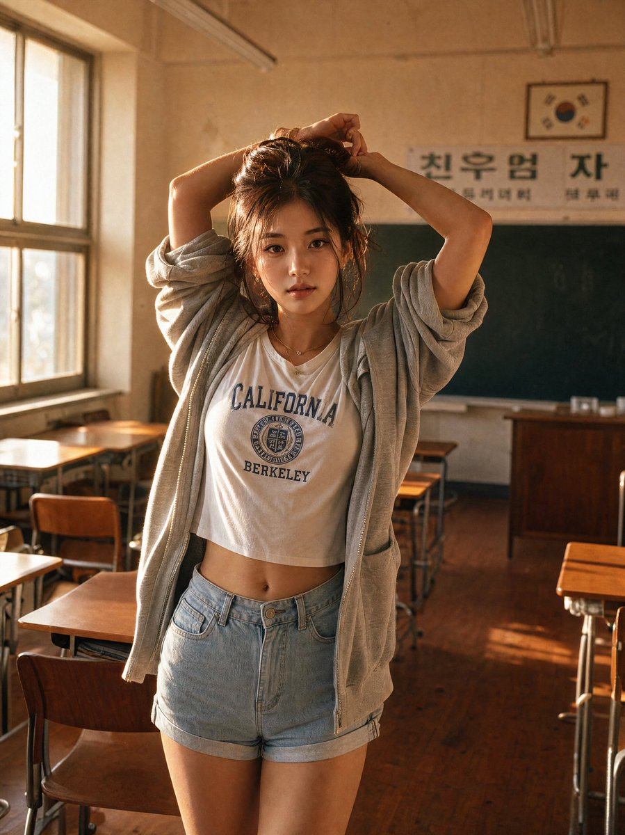 极致真实的肖像:一位美丽的韩国女子在下午晚些时候的黄金时段,自信地坐在木质课桌上,采用电影胶片摄影风格拍摄。 相机正前方略微仰拍。她优雅地坐在课桌上,面向镜头,双脚搭在课桌边缘…