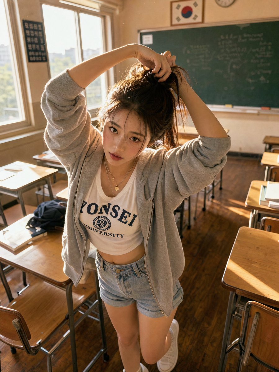 极致真实的肖像:一位美丽的韩国女子在下午晚些时候的黄金时段,自信地坐在木质课桌上,采用电影胶片摄影风格拍摄。 相机正前方略微仰拍。她优雅地坐在课桌上,面向镜头,双脚搭在课桌边缘…