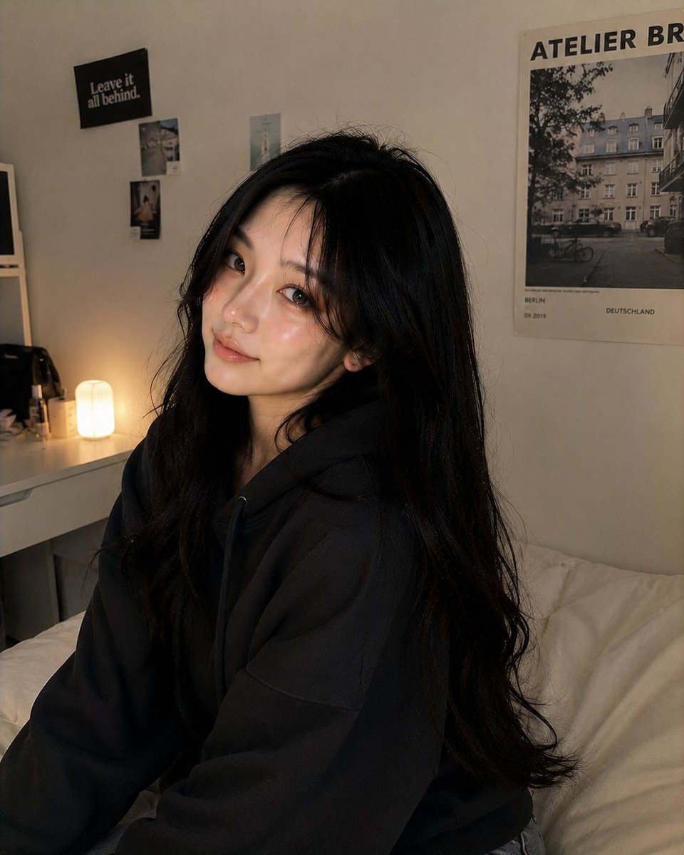 超写实的舒适卧室人像摄影，画面中是前几张图片中同一位美丽的韩国女孩，保持完全一致的面容、丝滑黑色长发、明亮有神的眼睛、柔和的腮红妆容、年轻化的韩式美学以及真实…