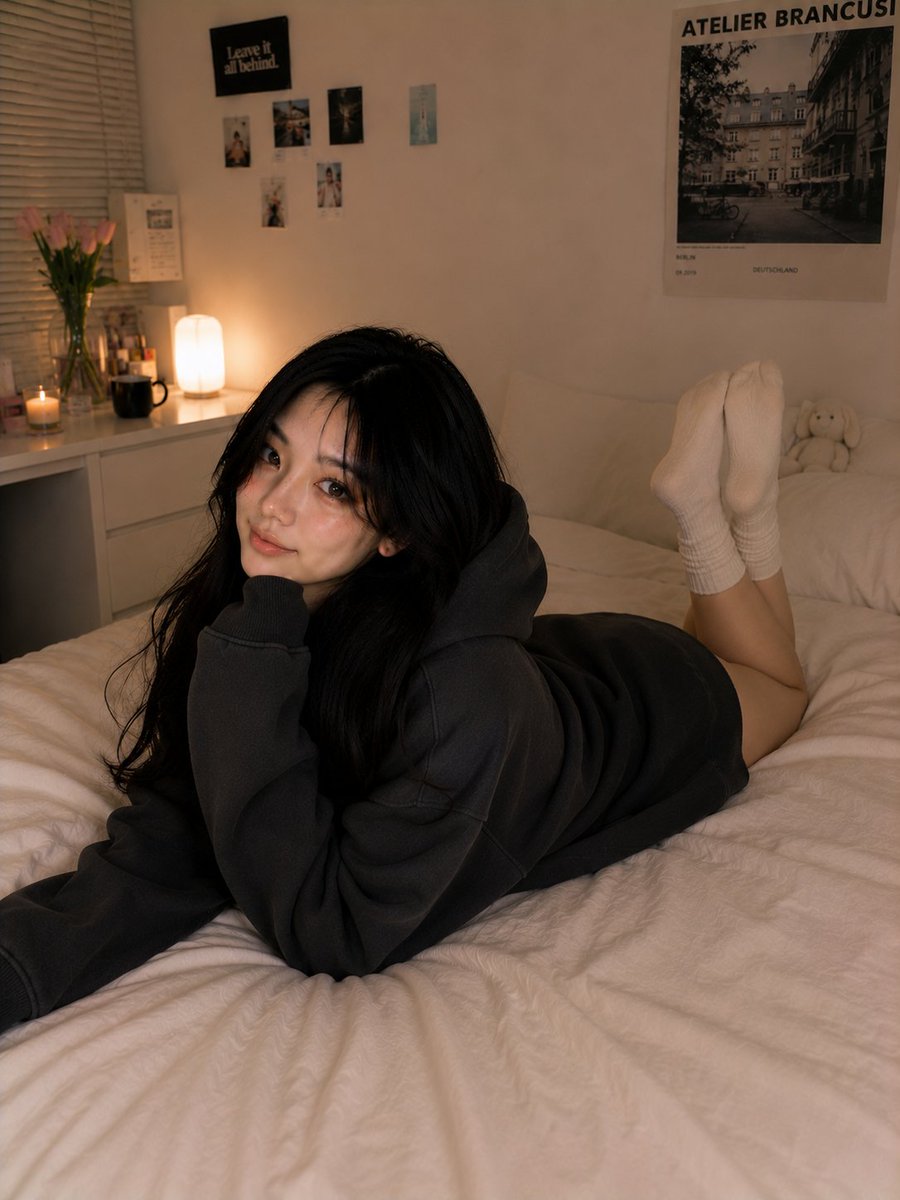 超写实的舒适卧室人像摄影,画面中是前几张图片中同一位美丽的韩国女孩,保持完全一致的面容、丝滑黑色长发、明亮有神的眼睛、柔和的腮红妆容、年轻化的韩式美学以及真实统一的皮肤质感。 她…