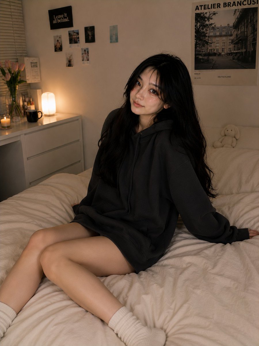 超写实的舒适卧室人像摄影,画面中是前几张图片中同一位美丽的韩国女孩,保持完全一致的面容、丝滑黑色长发、明亮有神的眼睛、柔和的腮红妆容、年轻化的韩式美学以及真实统一的皮肤质感。 她…