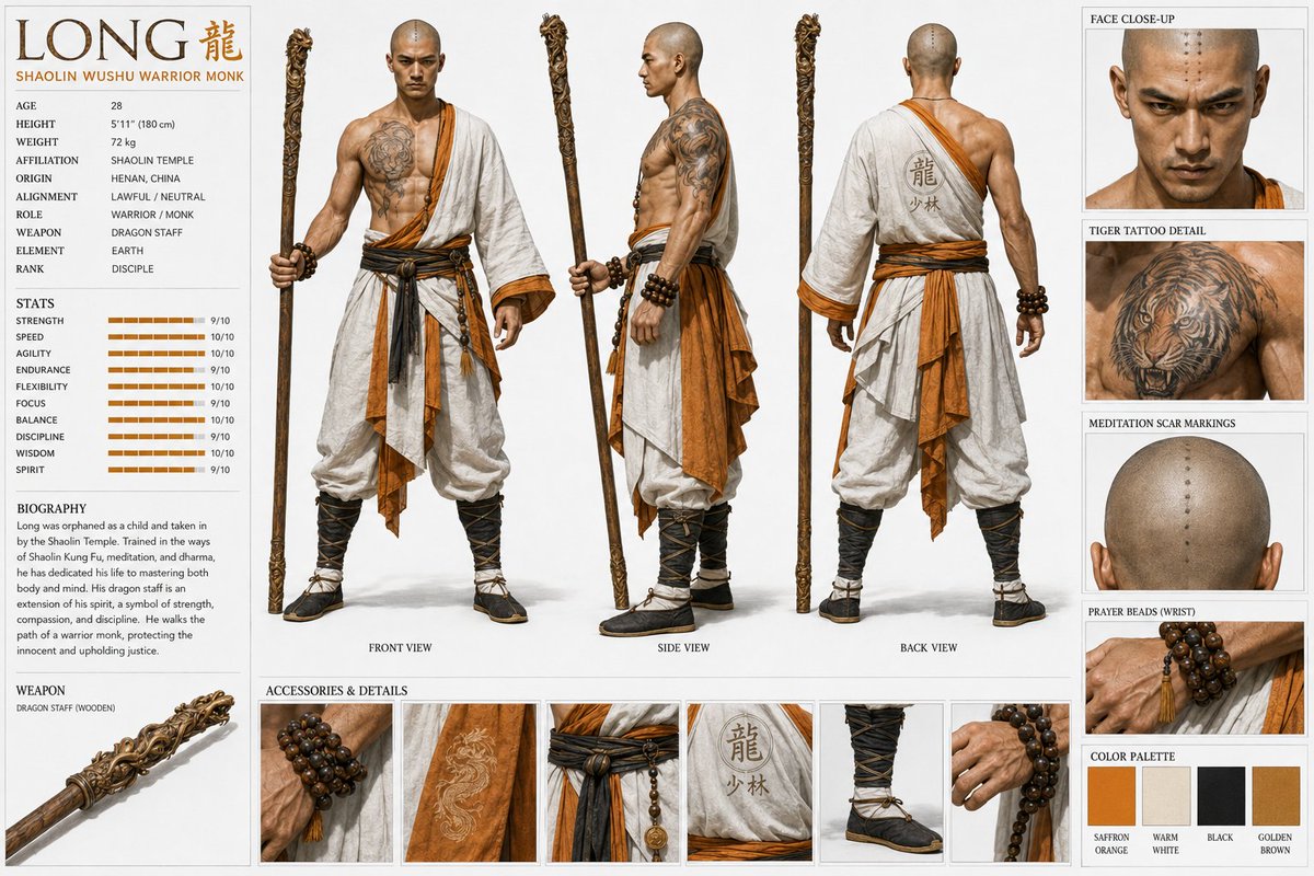 为少林武术武僧"LONG"(龙)设计的高度详细的写实角色设计图。正面、侧面和背面视图。年龄28岁,体型完美匀称、精瘦有肌肉。身穿藏红花黄与白色少林僧袍,僧袍半敞,露出带有猛虎纹身…