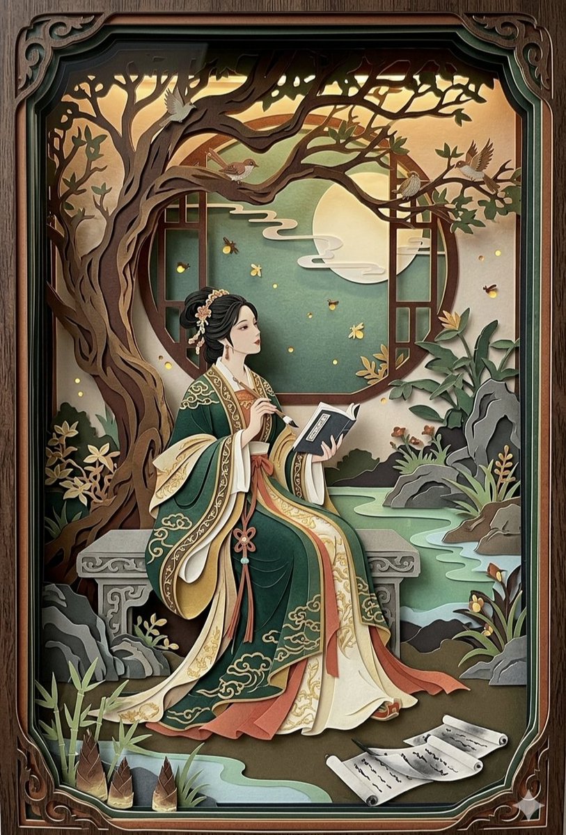 这件剪纸立体相框艺术品精心分层呈现了一幅融合自然与文人雅趣的场景。画面中心是一位举止优雅的女子,身着深绿、金色与米白相间的传统多层中式长袍,端坐在一张装饰华丽的石凳上。她手持毛笔…