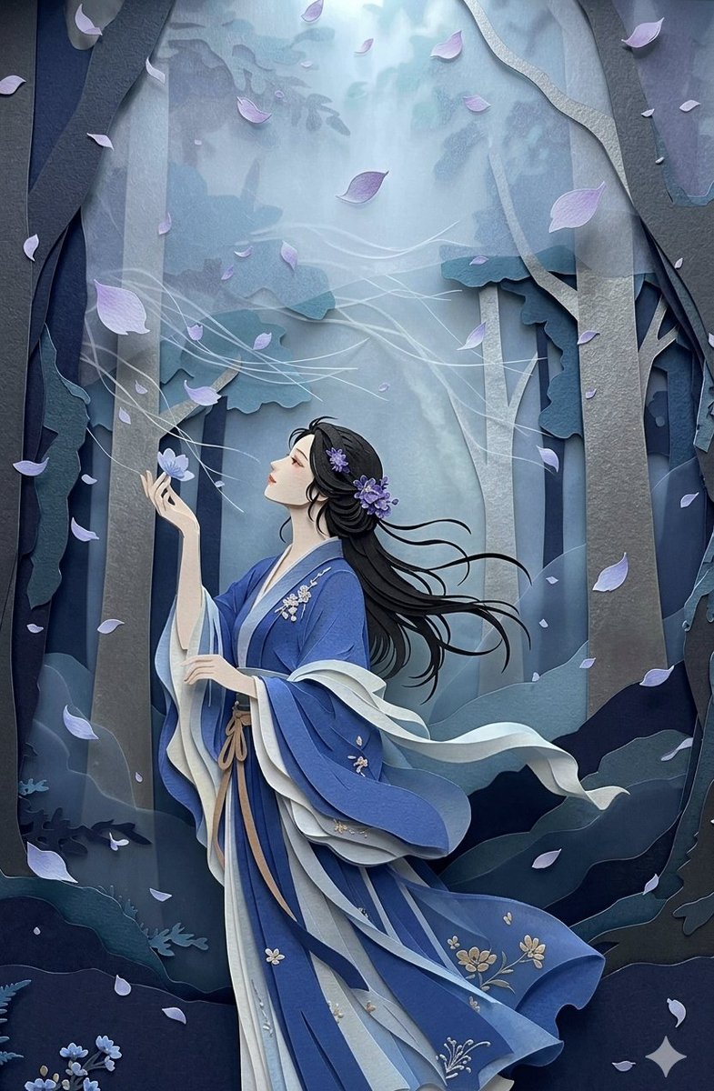 这件剪纸立体相框艺术品精心分层呈现了一幅融合自然与文人雅趣的场景。画面中心是一位举止优雅的女子,身着深绿、金色与米白相间的传统多层中式长袍,端坐在一张装饰华丽的石凳上。她手持毛笔…