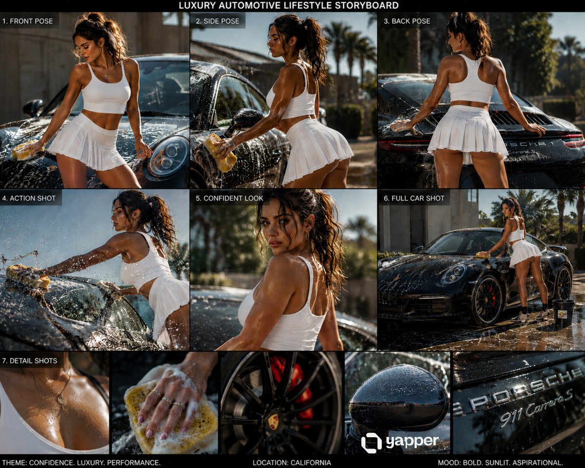 豪华汽车生活方式分镜，电影级编辑摄影， confident brunette woman washing a glossy black sports car…