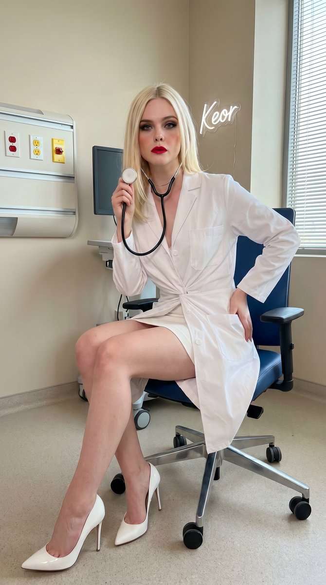 一位令人惊艳的女士,酷似安雅·泰勒-乔伊(Anya Taylor-Joy),铂金色蓬松波浪卷发,梳成经典好莱坞卷发造型,自信地坐在现代医疗检查室里一把蓝黑相间的滚轮办公椅上,墙上…