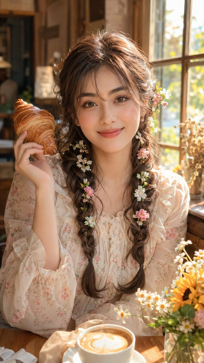电影感超写实肖像照:一位美丽年轻的亚洲女性优雅地坐在一家温馨有氛围感的咖啡馆内,紧邻一扇宽大的木框窗户,温暖的自然阳光倾洒而入,柔和的金色晨光照亮她白皙发光、…