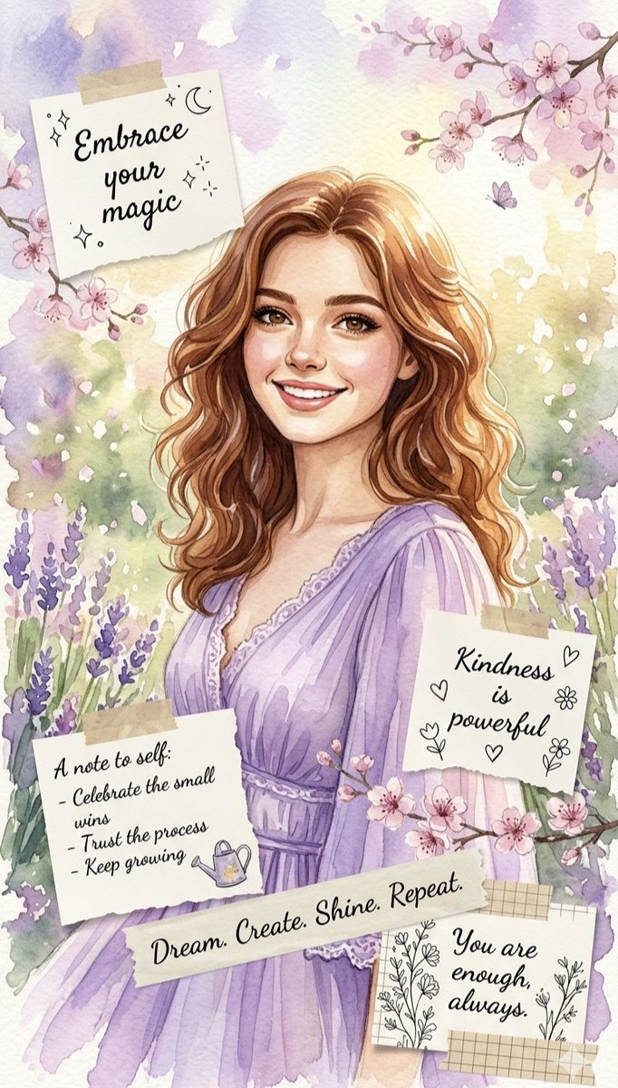 一幅美丽的水彩插画，画中是一位微笑着的年轻女子，留着长长的波浪状棕色长发，身着飘逸的紫色长裙。她身处宁静的背景之中，周围环绕着柔和的紫色薰衣草花田和精致的樱花枝条。在她周围用胶带…
