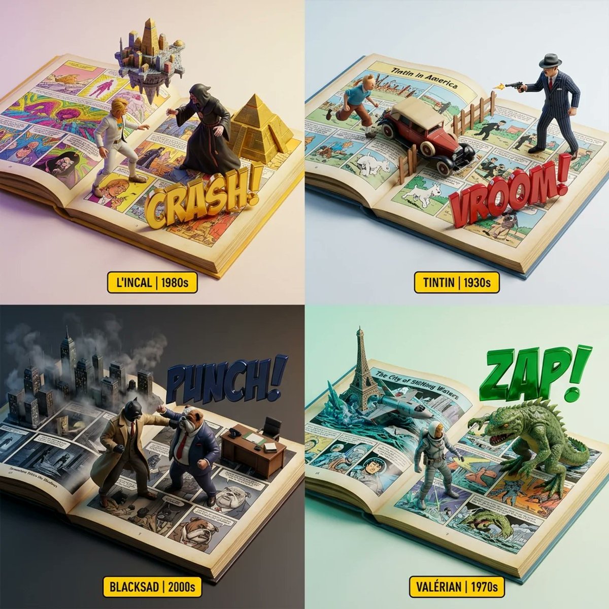 一个用于可视化漫画和连环画的趣味提示词。我用 Nano Banana 测试过。不确定 GPT 是否能让我试一试 :) 2x2 网格,挑选 4 部鲜为人知的欧洲…