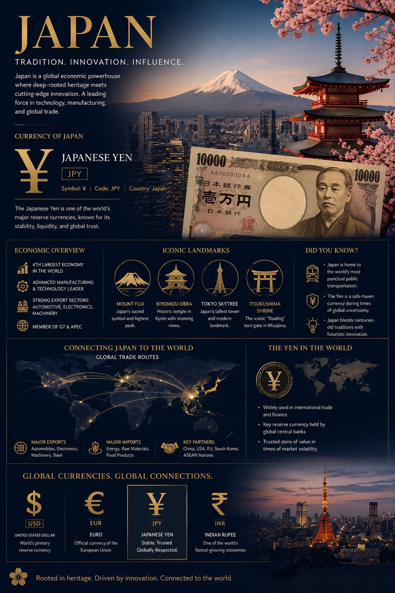 “关于日本全球经济与文化影响力的超详细信息图海报，奢华金融杂志美学，深海军蓝与金色配色方案，电影级编辑版面，包含日落时分的富士山、闪烁着光芒的摩天大楼东京天际…