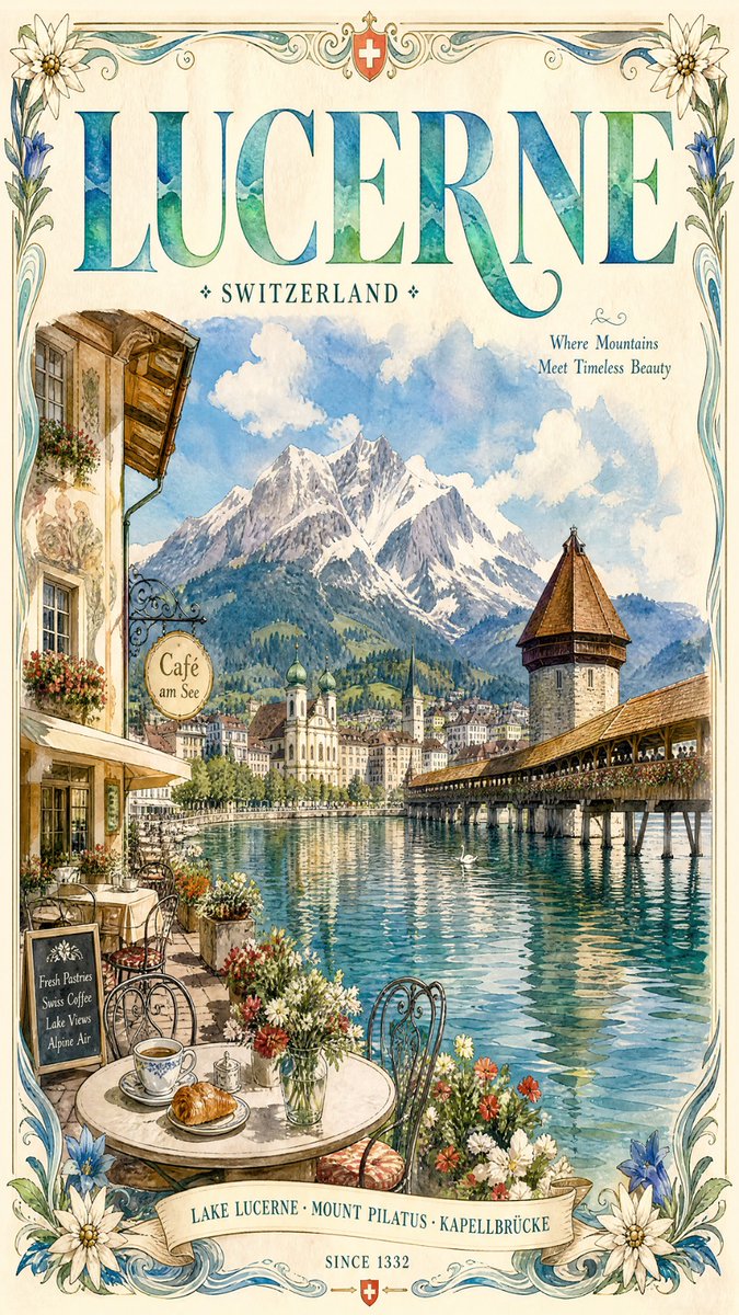 复古水彩旅行海报插画，描绘您的城市，优雅的目的地艺术作品，捕捉明亮自然的白天氛围，以俯瞰穿城而过的平静反光河流或湖泊的浪漫咖啡馆露台为特色，配以风景如画的桥梁…