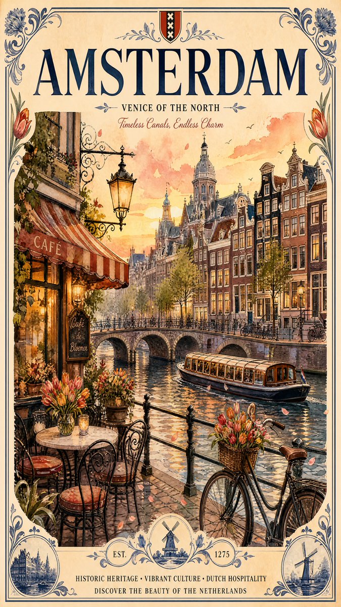复古水彩旅行海报插画，描绘您的城市，优雅的目的地艺术作品，捕捉明亮自然的白天氛围，以俯瞰穿城而过的平静反光河流或湖泊的浪漫咖啡馆露台为特色，配以风景如画的桥梁、绿树成荫的步道，以…