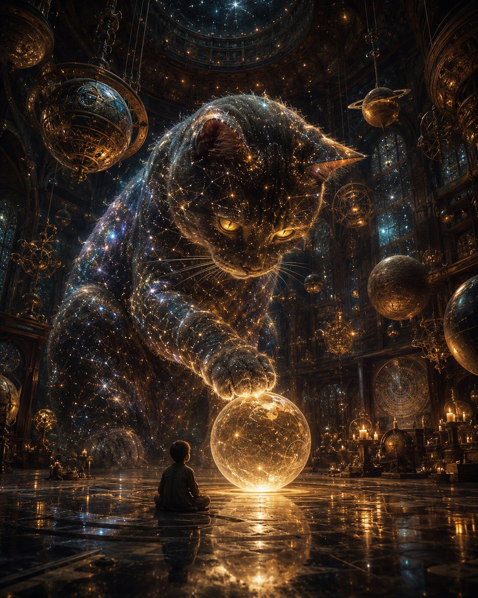 一只由星辰与星系构成的巨大宇宙猫，置身于一座烛光摇曳、浩瀚广阔的天体厅堂之中，它那散发着金色光芒的双眸照亮了悬浮的行星球体与精妙繁复的天文器具；一个孤独的孩子静静地坐在这头巨兽面…