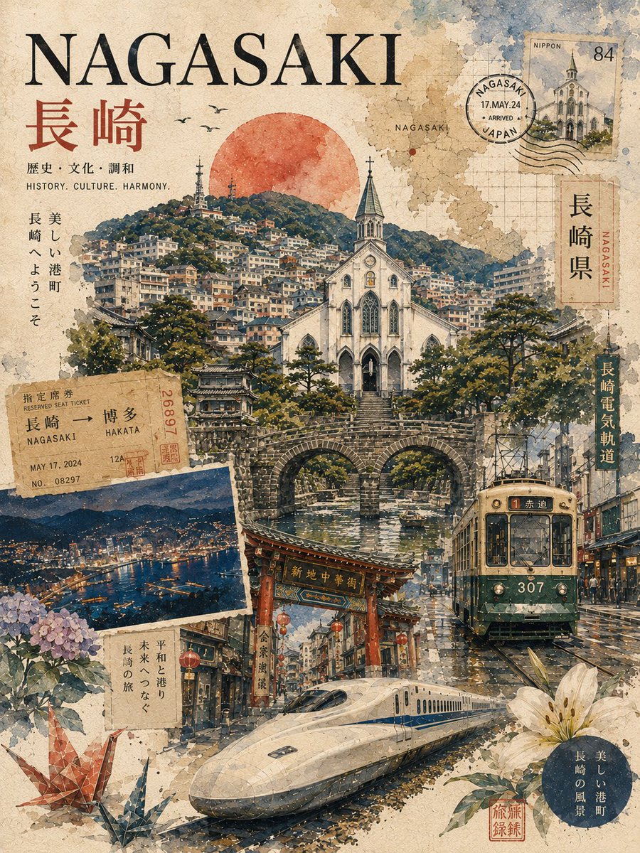复古风格的长崎日本旅行拼贴海报，采用怀旧的水彩与水墨混合媒介风格设计，带有做旧纸张纹理和复古旅游美学。中心构图描绘了标志性的白色天主教堂矗立于宁静运河上的石桥之间，周围是被山坡房…