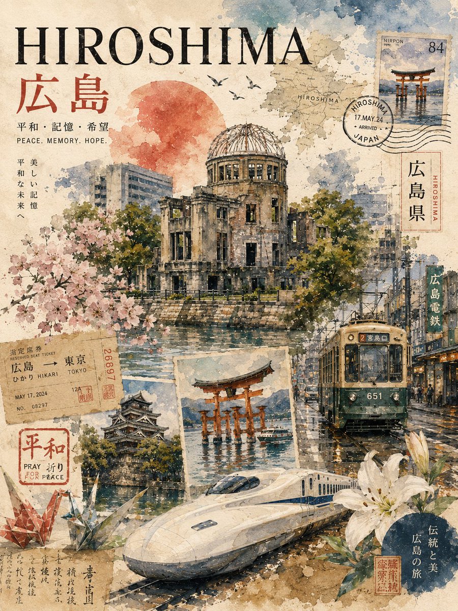 复古风格的长崎日本旅行拼贴海报，采用怀旧的水彩与水墨混合媒介风格设计，带有做旧纸张纹理和复古旅游美学。中心构图描绘了标志性的白色天主教堂矗立于宁静运河上的石桥之间，周围是被山坡房…