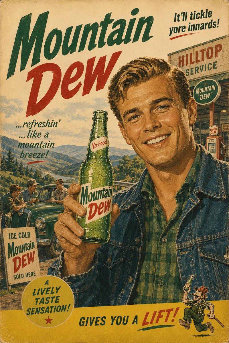 正宗的1960年代美国[ Brand]品牌广告海报，复古中世纪商业插画，[PERSON DESCRIPTION]手持一冰冰凉的[Brand]玻璃瓶，明亮乐观的生活场景，怀旧的美国…