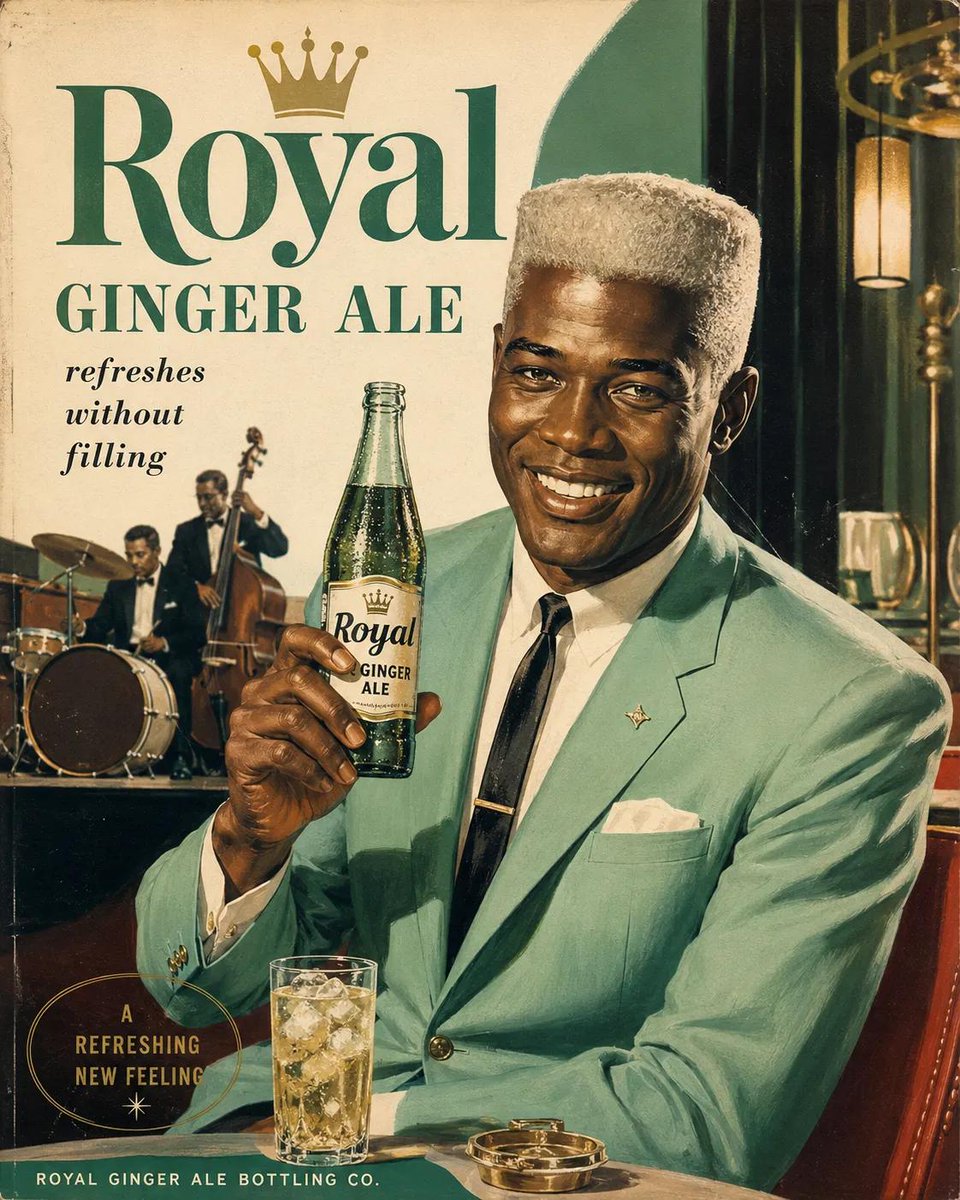 纯正的1960年代美国广告海报，[BREW]品牌，复古中世纪商业插画风格，[PERSON DESCRIPTION]手持一瓶结满冰霜的玻璃瓶[BREW]，明亮乐观的生活场景，怀旧的…