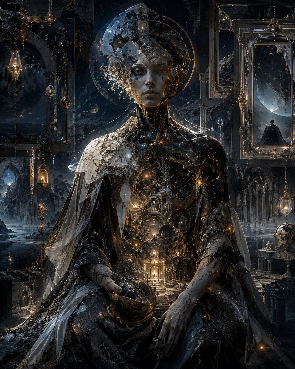 一位由碎裂的象牙瓷与黑色宇宙物质构成的庄严天神形象，端坐于古老的维度圣殿之中，大教堂般的建筑从她胸腔内部发光，仿佛整个文明都存在于她的躯体之内，漂浮的华丽画框…