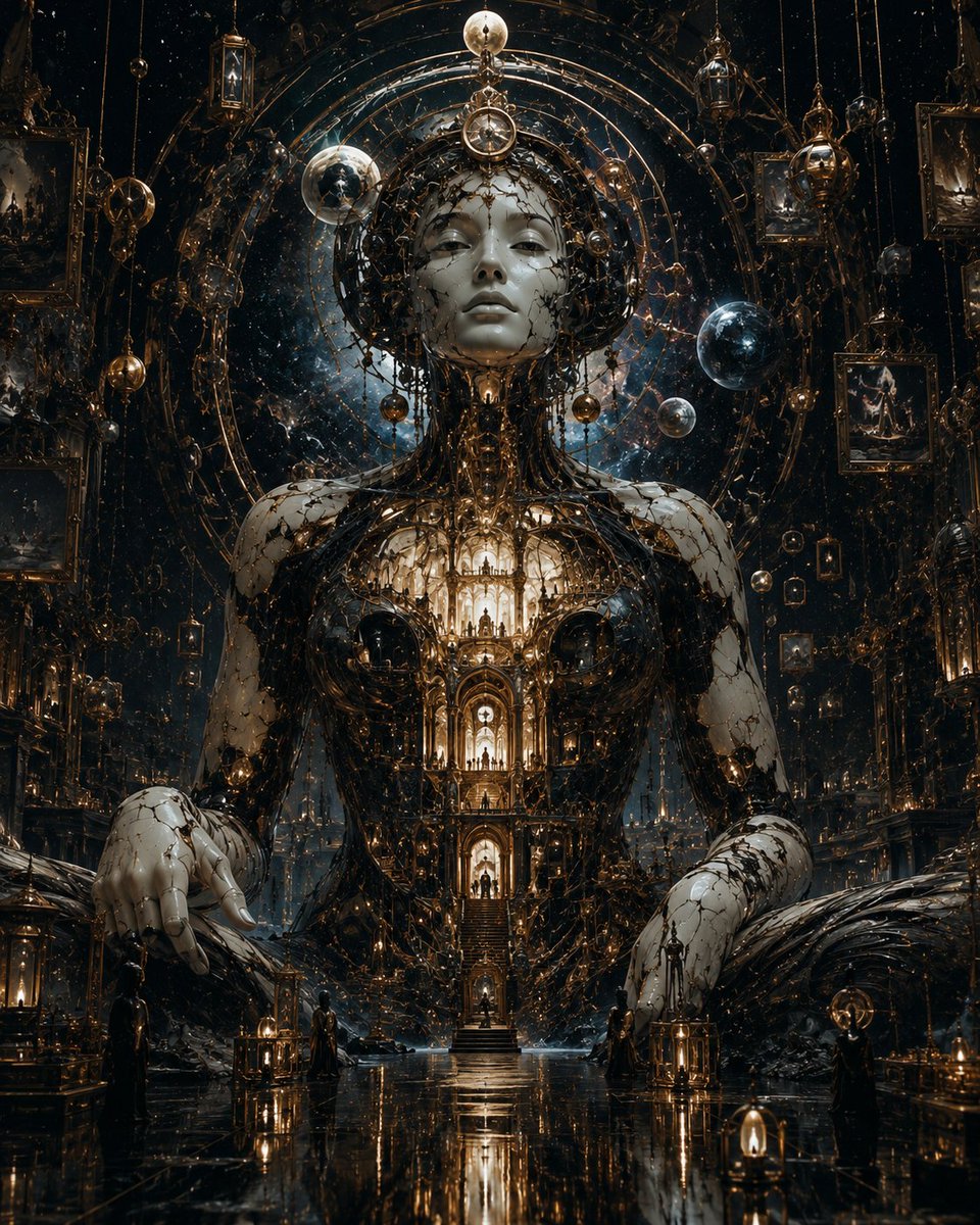 一位由碎裂的象牙瓷与黑色宇宙物质构成的庄严天神形象，端坐于古老的维度圣殿之中，大教堂般的建筑从她胸腔内部发光，仿佛整个文明都存在于她的躯体之内，漂浮的华丽画框与悬垂的灯笼环绕四周…