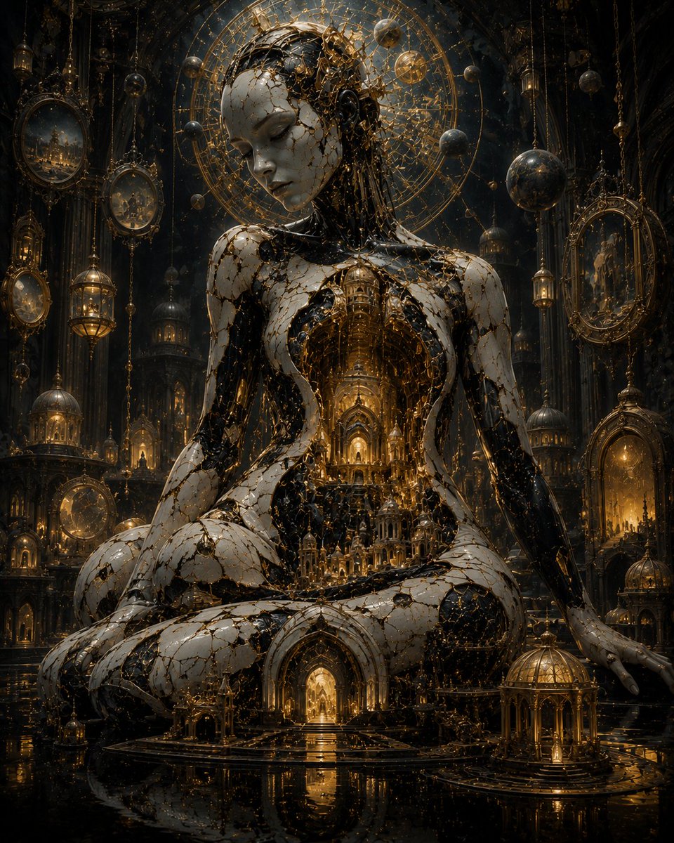 一位由碎裂的象牙瓷与黑色宇宙物质构成的庄严天神形象，端坐于古老的维度圣殿之中，大教堂般的建筑从她胸腔内部发光，仿佛整个文明都存在于她的躯体之内，漂浮的华丽画框与悬垂的灯笼环绕四周…