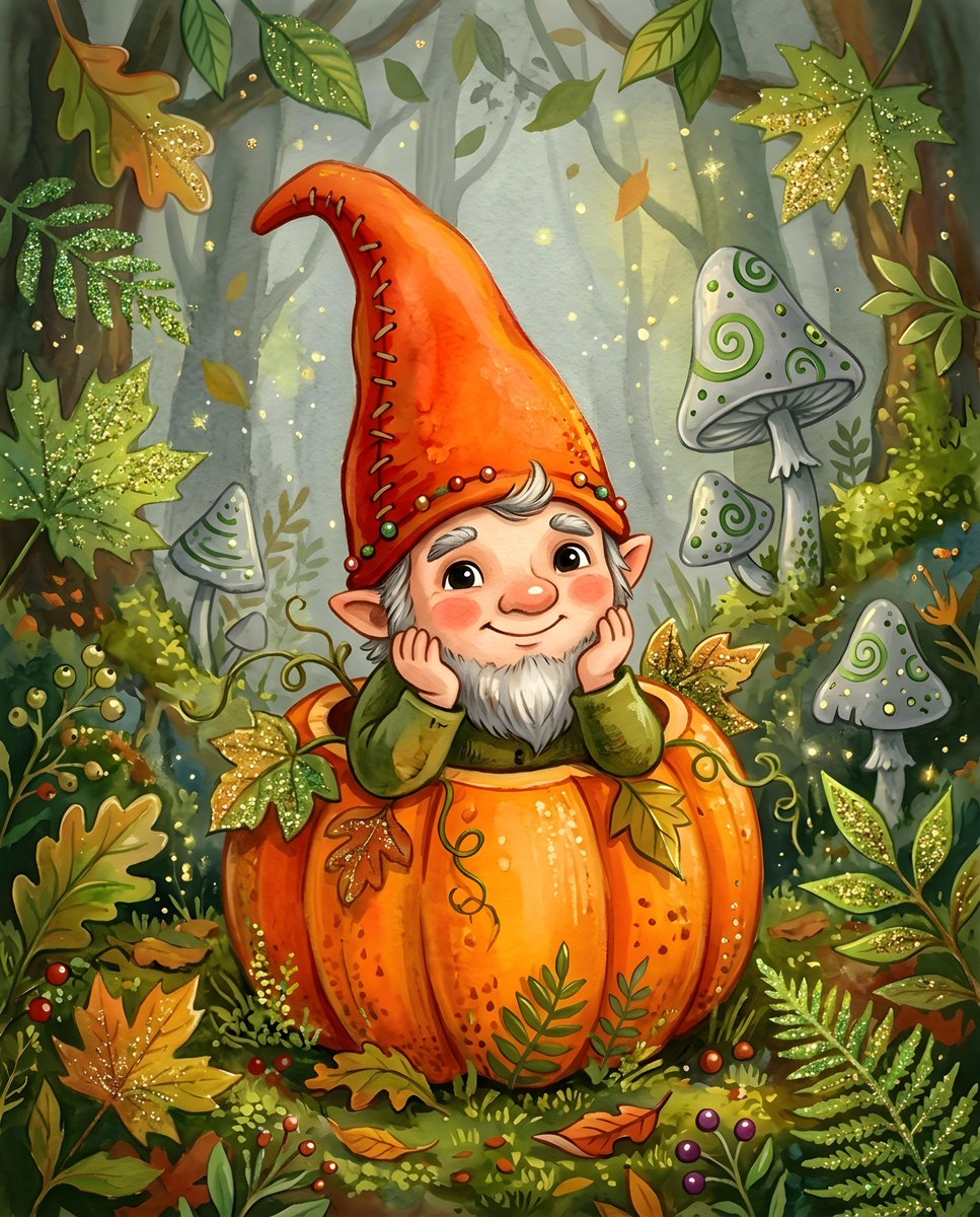 一幅充满奇趣的插画中,有一位小矮人戴着一顶大大的橙色尖帽,帽子上装饰着红色的缝线。小矮人长着一张圆圆的脸庞,有着一双又大又黑的眼睛、红扑扑的脸颊和甜美的笑容。它从一颗鲜橙色南瓜的…