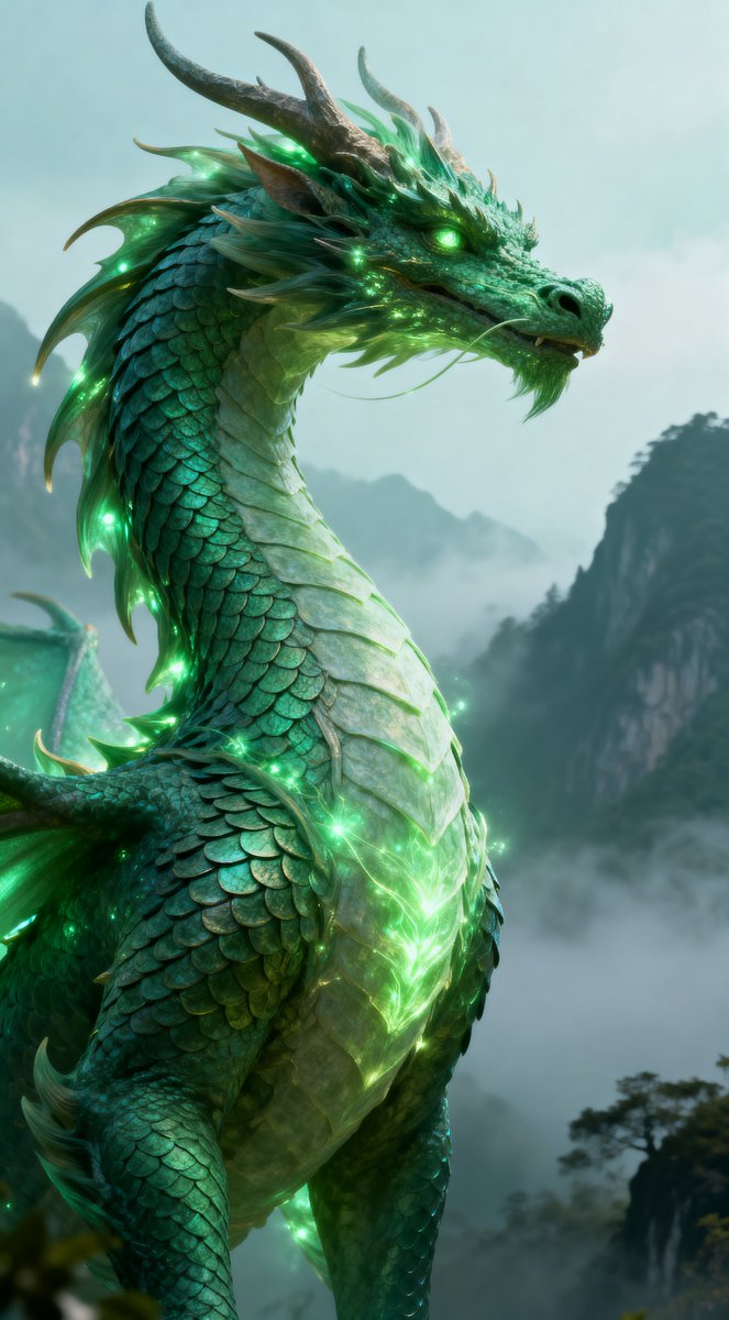 威严的远古翡翠绿龙，全身肖像，昂首挺立，姿态优雅，鳞片散发柔和的魔法光芒，神情温柔而有力，雾气缭绕的山峦背景，鳞片细节精致复杂，电影级奇幻光影，空灵缥缈的氛围…