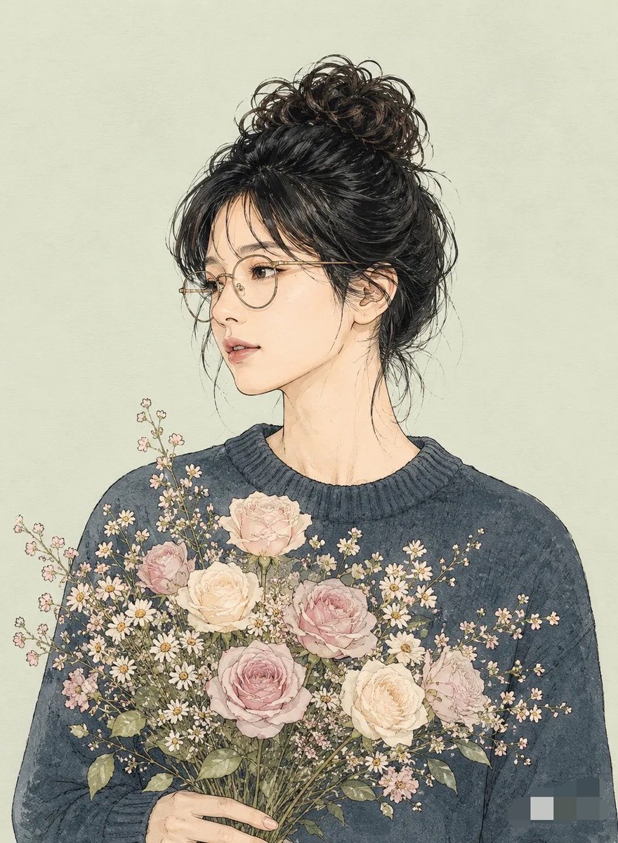 一幅精确的线稿插画肖像，采用独特的Miki风格，线条干净分明、轮廓为深色，配以极简、微妙的水彩淡彩着色。 主体：一位性别中立的单人，自然中长深色头发，戴着圆形细框眼镜，身穿一件简…