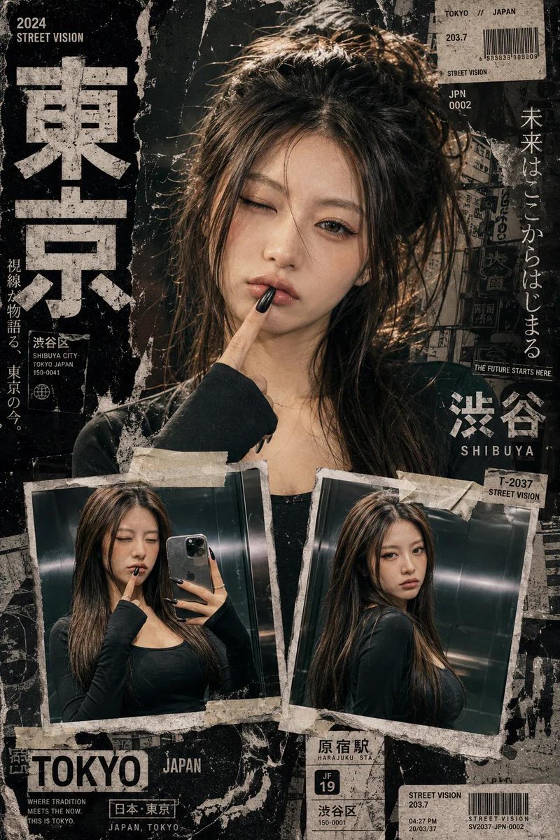 创作一张大胆的 Y2K 日系街头编辑风拼贴海报,采用干净的顶级时尚杂志美学,带有粗犷的纸张质感、撕碎的杂志剪报、做旧的墨水飞溅和灵感来自都市东京的设计。 主体…