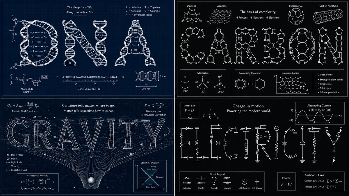 锚点：单词 "[SCIENTIFIC CONCEPT (e.g., CARBON / DNA / GRAVITY)]" :: 其中每个字母由与该概念相关的分子结构、原子键或物理图…
