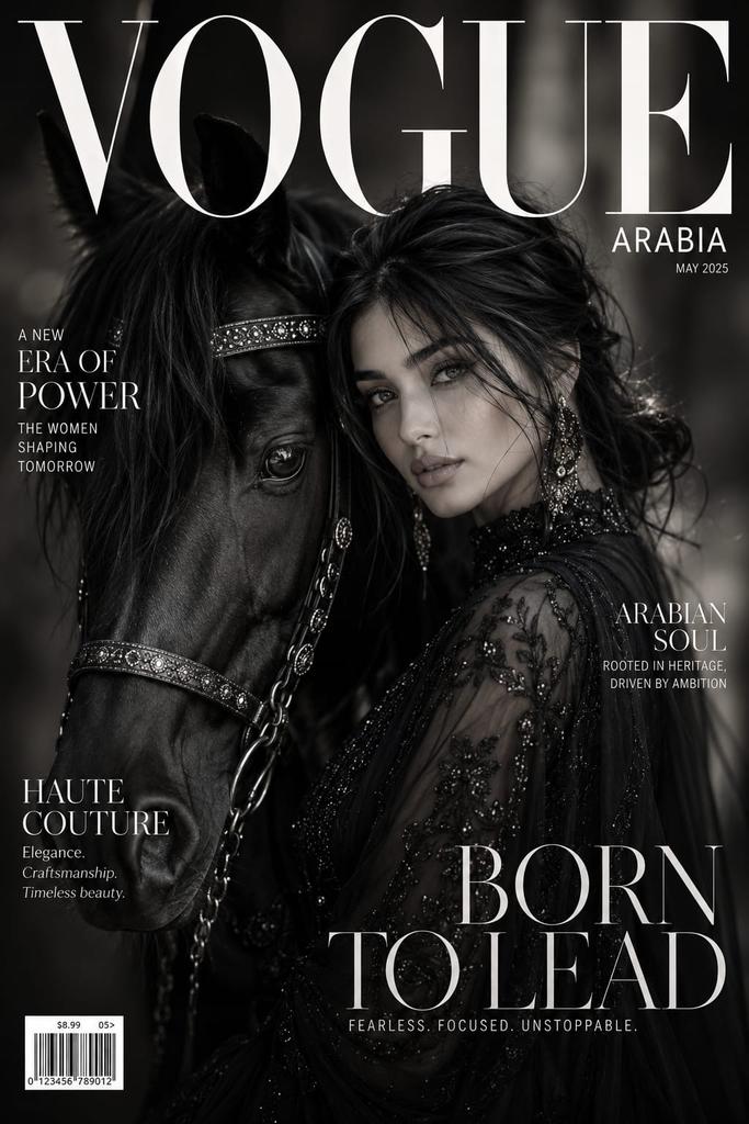 极致奢华版《Vogue Arabia》杂志封面,一位令人屏息的阿拉伯女性,拥有柔美女性气质、摄人心魄的杏仁形双眸、无瑕发光肌肤、丝滑飘逸的深色长发以及精致优雅的五官,伫立于一匹威…