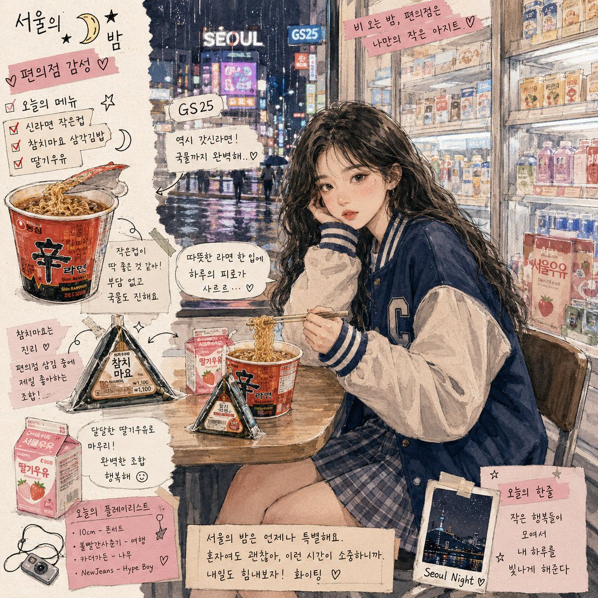 真实风格 极致真实的韩国女孩深夜坐在首尔便利店里在柜台前吃方便面，身穿超大棒球外套和格纹短裙的造型，真实的皮肤质感，电影感荧光灯与雨天霓虹反光交织，背景是地道的韩国零食货架和饮料…