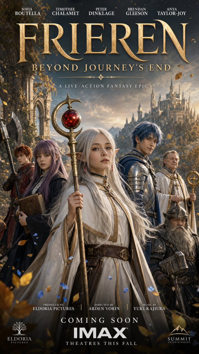 群像 / 主视觉 / IMAX 横幅 / 芙莉莲+费伦双人组。 演员姓名文字 + IMAX 条带保持干净清晰。全部 2K，每张一次性生成。https://t.co/wigKeKY…
