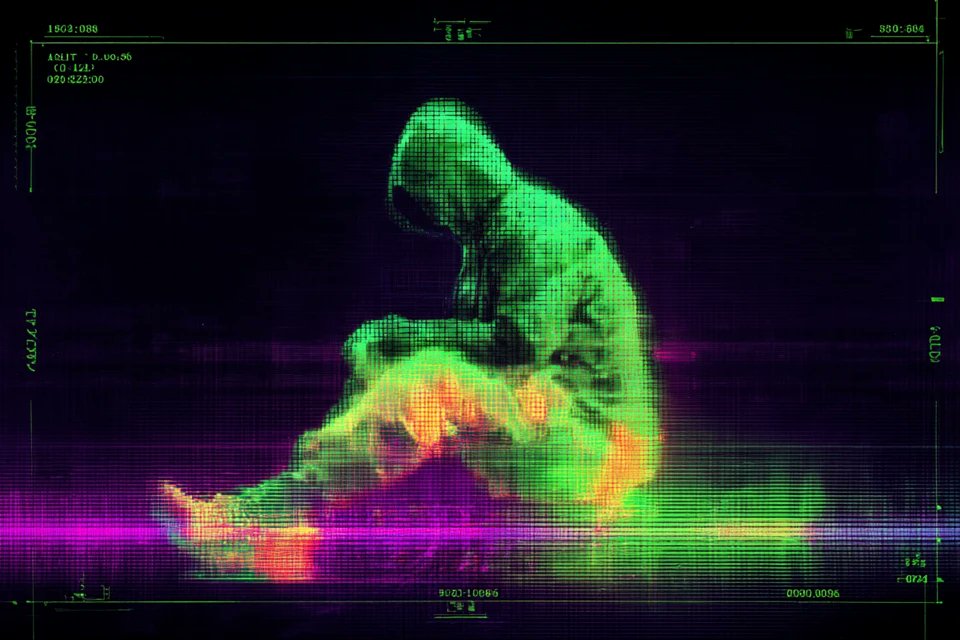 一张[subject]的热成像扫描图像，在像素化的深色背景上以发光的[color1]和[color2]热梯度显示。叠加了数据读数、网格线和诊断标记，画面让人联想到正在运行的未来派…